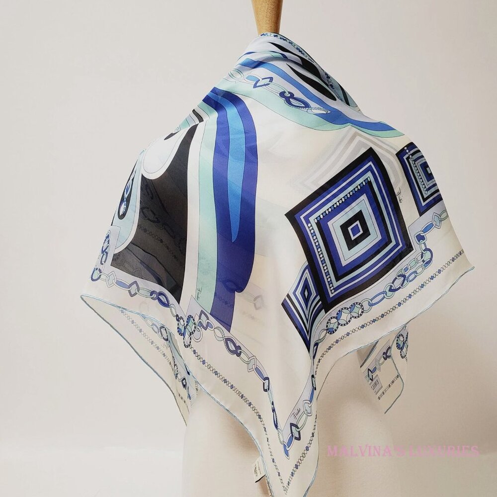 EMILIO PUCCI SCARF PRINT CHIFFON SILK SIGNATURE LOGO SQUARE SCARF 34" - Picture 7 of 9